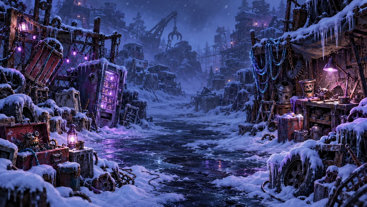 An illustrated frozen junkyard lit by purple lanterns, full of suspicious gremlin inventions